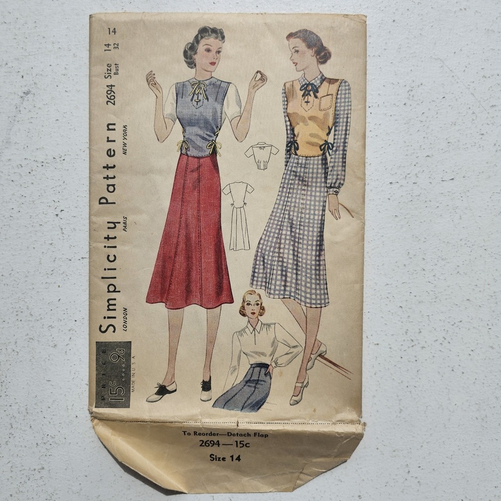 1930s Vintage B 32" FF Simplicity 2694 Side Tie Vest Blouse Skirt Sewing Pattern